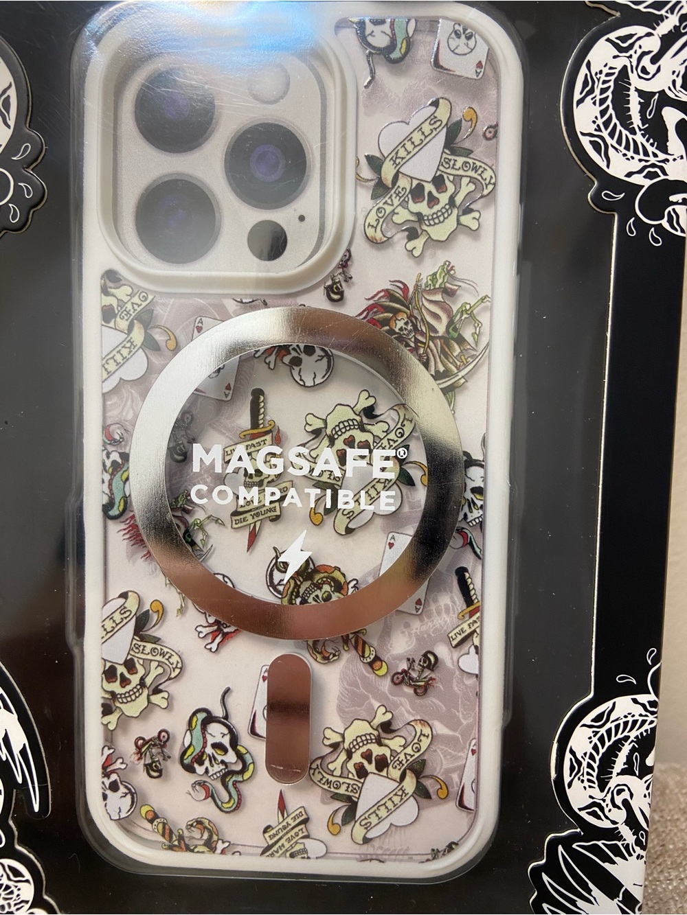 Ed Hardy MagSafe Compatible White Tattoo Skull iPhone Case 16 Pro NEW